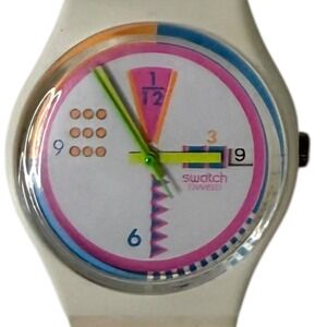 Vintage Swatch Watch Neon Multi Color Dial Cream Silicone Strap Mens 9143P
